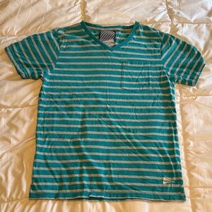 Striped V-Neck Pocket Tee in Teal & Gray - Casual Short Sleeve